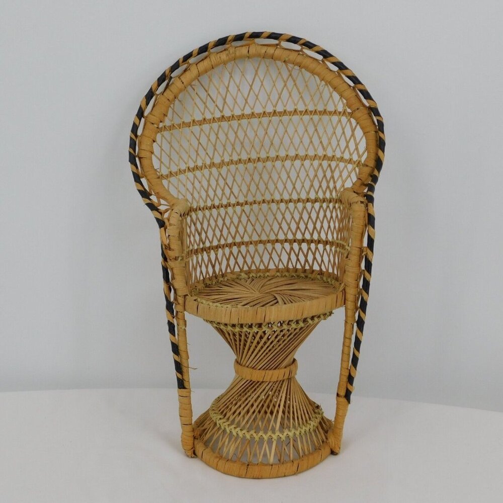 Peacock Wicker Fan Back Rattan Doll Chair Plant Stand Boho Cottage Core 15.5"